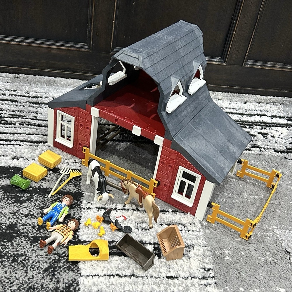 Vintage Playmobil Country Barn‎ With Animals-Horse-Cow-Chicken Set #9315